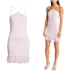 Saylor Ainsley Dress Ostrich Feather Trim Ribbed Halter Neck Mini Purple XS